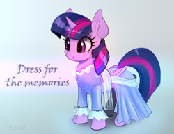 Size: 1725x1331 | Tagged: safe, artist:xbi, twilight sparkle, alicorn, pony, a-dressing memories, g4, my little pony: friendship is forever, clothes, cute, dress, female, folded wings, gradient background, mare, signature, smiling, solo, text, twiabetes, twilight sparkle (alicorn), wings
