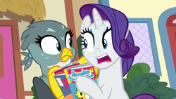 Size: 1920x1080 | Tagged: safe, screencap, gabby, rarity, griffon, dragon dropped, g4, comic book