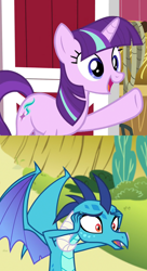 Size: 782x1440 | Tagged: safe, edit, edited screencap, screencap, princess ember, starlight glimmer, dragon, pony, unicorn, g4, harvesting memories, my little pony: friendship is forever, triple threat, alternate hairstyle, color blindness, confused, cropped, dragoness, ember was right, face blindness, female, implied twilight sparkle, mare, meme, pony-blind ember, prosopagnosia, starlight sparkle