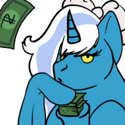 Size: 500x500 | Tagged: safe, artist:artisticarchie, oc, oc:fleurbelle, alicorn, pony, alicorn oc, animated, bow, female, gif, hair bow, horn, make it rain, mare, money, reaction image, simple background, solo, transparent background, wings, yellow eyes