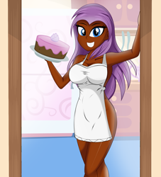 Size: 1809x1995 | Tagged: safe, artist:danielitamlp, oc, oc:shaily melodi, human, apron, breasts, cake, cleavage, clothes, dark skin, female, food, grin, humanized, looking at you, naked apron, smiling, solo