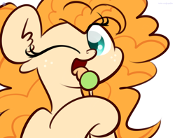 Size: 3250x2560 | Tagged: safe, artist:php142, pear butter, earth pony, pony, g4, candy, cute, female, food, high res, licking, lollipop, looking at you, mare, one eye closed, simple background, solo, tongue out, white background, wink