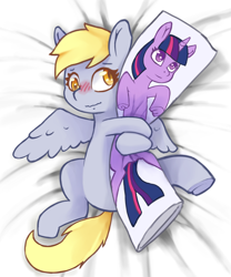 Size: 2120x2553 | Tagged: safe, artist:wild-thunder06, derpibooru exclusive, derpy hooves, twilight sparkle, pegasus, pony, g4, bed, blushing, body pillow, embarrassed, female, high res, hug, mare, pillow, pillow hug