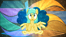 Size: 5120x2880 | Tagged: safe, artist:laszlvfx, artist:tardifice, edit, sunshower raindrops, pegasus, pony, g4, abstract background, confused, cute, desktop background, female, high res, looking at you, mare, open mouth, rain, shocked, shocked expression, sitting, solo, spread wings, wallpaper, wallpaper edit, water drops, wings