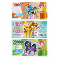 Size: 700x700 | Tagged: safe, artist:scarlet-spectrum, rainbow dash, sunset shimmer, oc, oc:lunar storm, pony, g4, blushing, clothes, fake money, huh, indonesia, indonesian, rupiah, sailor moon (series), school uniform, tongue out