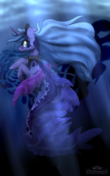 Size: 2500x4000 | Tagged: safe, artist:lionbun, princess luna, alicorn, fish, merpony, pony, seapony (g4), g4, blue eyes, blue mane, blue tail, crepuscular rays, crown, digital art, dorsal fin, female, fin, fin wings, fins, fish tail, flowing mane, flowing tail, gills, green eyes, high res, horn, jewelry, looking at you, mermay, ocean, patreon, peytral, regalia, scales, seaponified, seapony luna, signature, smiling, smiling at you, solo, sparkles, species swap, spread wings, starry tail, stars, sunlight, swimming, tail, underwater, water, watermark, wings