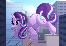 Size: 4093x2894 | Tagged: safe, alternate version, artist:sugaryviolet, starlight glimmer, balloon pony, inflatable pony, pony, unicorn, g4, bean mouth, city, cutie mark, digital art, female, high res, inanimate tf, inflatable, mare, parade balloon, ropes, smiling, transformation