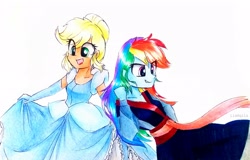 Size: 3620x2322 | Tagged: safe, artist:liaaqila, applejack, rainbow dash, equestria girls, g4, applerella, cinderella, clothes, clothes swap, commission, cosplay, costume, cute, dashabetes, disney, disney princess, dress, evening gloves, gloves, gown, high res, jackabetes, long gloves, mulan, petticoat, playing with dress, princess applejack, princess costume, traditional art