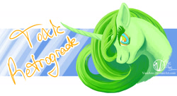 Size: 2000x1090 | Tagged: safe, artist:varaan, oc, oc only, oc:toxic retrograde, pony, unicorn, bust, curved horn, female, horn, mare, solo