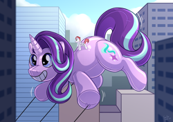 Size: 4093x2894 | Tagged: safe, alternate version, artist:sugaryviolet, starlight glimmer, oc, oc:swift apex, balloon pony, inflatable pony, pegasus, pony, unicorn, g4, bean mouth, city, cutie mark, digital art, female, glimmex, grin, high res, inanimate tf, inflatable, mare, parade balloon, riding, ropes, smiling, transformation