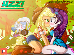 Size: 2000x1500 | Tagged: safe, artist:uzzi-ponydubberx, applejack, rarity, trixie, human, equestria girls, g4, ass, bedroom eyes, blushing, breasts, busty applejack, busty rarity, butt, camera, caught, clothes, dress, fall formal outfits, female, kiss on the lips, kissing, lesbian, lidded eyes, looking at each other, patreon, patreon logo, rearity, ship:rarijack, shipping, surprise kiss, surprised, thighs