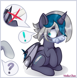 Size: 2948x2997 | Tagged: safe, artist:vinika-chan, oc, oc only, oc:elizabat stormfeather, alicorn, bat pony, bat pony alicorn, pony, alicorn oc, bat pony oc, bat wings, butt, commission, coronavirus, covid-19, covidiots in the comments, exclamation point, female, half-face respirator, high res, horn, mare, mask, plot, ppe, raised hoof, respirator, simple background, sitting, social distancing, solo, watermark, white background, wings, worried, ych result
