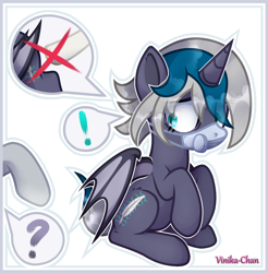 Size: 2948x2997 | Tagged: safe, alternate version, artist:vinika-chan, oc, oc only, oc:elizabat stormfeather, alicorn, bat pony, bat pony alicorn, pony, alicorn oc, bat pony oc, bat wings, butt, commission, coronavirus, covid-19, exclamation point, female, half-face respirator, high res, horn, mare, mask, plot, ppe, raised hoof, respirator, simple background, sitting, social distancing, solo, white background, wings, worried, ych result
