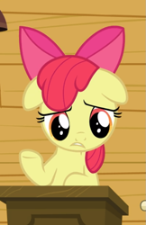Size: 519x799 | Tagged: safe, edit, edited screencap, screencap, apple bloom, pony, g4, on your marks, adorabloom, clubhouse, cropped, crusaders clubhouse, cute, female, floppy ears, sad, sadorable, solo