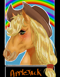 Size: 859x1095 | Tagged: safe, alternate version, artist:celi_nives, applejack, earth pony, pony, g4, bust, female, freckles, hat, hoers, mare, rainbow, solo, text