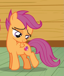 Size: 463x547 | Tagged: safe, screencap, scootaloo, pegasus, pony, g4, on your marks, clubhouse, cropped, crusaders clubhouse, cute, cutealoo, female, filly, lidded eyes, smiling, solo, stare