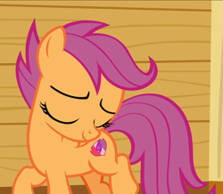 Size: 1078x938 | Tagged: safe, screencap, scootaloo, pegasus, pony, g4, on your marks, clubhouse, cropped, crusaders clubhouse, cute, cutealoo, eyes closed, female, filly, smiling, solo