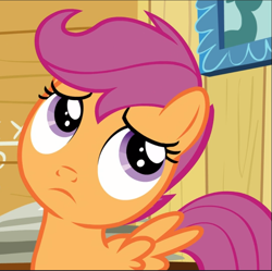 Size: 945x941 | Tagged: safe, screencap, scootaloo, pegasus, pony, g4, on your marks, clubhouse, cropped, crusaders clubhouse, female, filly, solo
