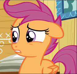 Size: 979x942 | Tagged: safe, screencap, scootaloo, pegasus, pony, g4, on your marks, clubhouse, cropped, crusaders clubhouse, female, filly, floppy ears, nervous, solo