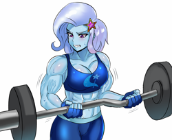 Size: 1024x837 | Tagged: safe, artist:tzc, trixie, equestria girls, g4, clothes, commission, fetish, grand and muscular trixie, gritted teeth, muscle fetish, muscles, simple background, sports bra, sweat, vein, weight lifting, weights, white background, workout, workout outfit