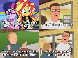 Size: 700x525 | Tagged: safe, edit, edited screencap, screencap, sci-twi, sunset shimmer, twilight sparkle, human, equestria girls, g4, get the show on the road, my little pony equestria girls: summertime shorts, bobby hill, bowtie, bus, caption, clothes, comic, cute, electric guitar, eyes closed, female, flying v, geode of empathy, geode of telekinesis, get out, glasses, guitar, hank hill, image macro, implied flash sentry, implied flashimmer, implied flashlight, implied shipping, implied straight, jacket, king of the hill, leather jacket, lesbian, magical geodes, microphone, musical instrument, ponied up, screencap comic, shimmerbetes, ship:sci-twishimmer, ship:sunsetsparkle, shipping, shipping war, singing, sunset shredder, text, twiabetes, wings