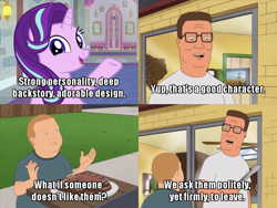 Size: 700x525 | Tagged: safe, edit, edited screencap, screencap, starlight glimmer, a horse shoe-in, g4, caption, comic, cute, drama, female, get out, glimmerbetes, image macro, king of the hill, raised hoof, school of friendship, screencap comic, smiling, starlight drama, starlight drama drama, text