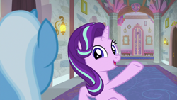 Size: 1280x720 | Tagged: safe, screencap, starlight glimmer, trixie, pony, unicorn, a horse shoe-in, g4, cute, glimmerbetes, raised hoof, smiling