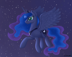 Size: 3444x2755 | Tagged: safe, artist:caulfieldsprice, princess luna, alicorn, pony, g4, crown, ethereal mane, female, flying, high res, horn, jewelry, mare, mare in the moon, moon, night, regalia, solo, sparkly mane, starry mane, starry night, stars, wings