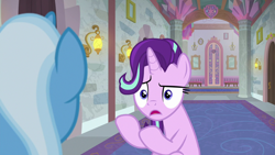 Size: 1280x720 | Tagged: safe, screencap, starlight glimmer, trixie, pony, unicorn, a horse shoe-in, g4, raised hooves, worried