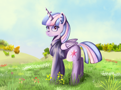 Size: 2100x1560 | Tagged: safe, artist:bacbko, twilight sparkle, alicorn, pony, g4, bush, clothes, ear fluff, female, flower, grass, grass field, hoodie, looking at you, mare, scenery, solo, tree, twilight sparkle (alicorn)