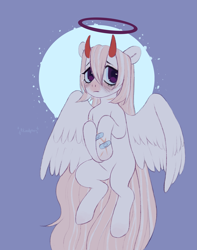 Size: 2527x3215 | Tagged: safe, artist:bloodymrr, oc, oc only, pegasus, pony, rcf community, bandaid, devil horns, frown, halo, high res, pegasus oc, solo, wings
