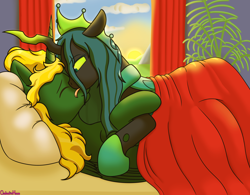 Size: 3500x2734 | Tagged: safe, artist:galacticham, queen chrysalis, oc, oc:prince ecosis, alicorn, changeling, changeling queen, pony, g4, alicorn oc, bed, canon x oc, ecolys, female, high res, horn, hug, in bed, licking, male, morning, stallion, straight, tongue out, ultimate chrysalis, wings