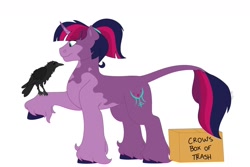 Size: 1280x854 | Tagged: safe, artist:itstechtock, oc, oc only, oc:strawberry sunset, bird, classical unicorn, crow, pony, unicorn, box, cardboard box, cloven hooves, curved horn, female, hoof fluff, horn, leonine tail, magical lesbian spawn, mare, not twilight sparkle, offspring, parent:tempest shadow, parent:twilight sparkle, parents:tempestlight, raised hoof, simple background, smiling, solo, unshorn fetlocks, white background