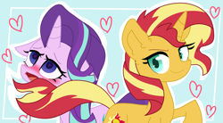Size: 4699x2587 | Tagged: safe, alternate version, artist:copster, starlight glimmer, sunset shimmer, pony, unicorn, g4, blushing, commission, cute, female, heart, heart eyes, high res, lesbian, mare, open mouth, seduction, ship:shimmerglimmer, shipping, simple background, smiling, tail seduce, wingding eyes, ych result