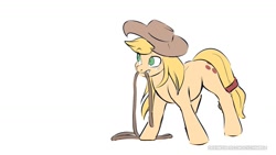 Size: 1600x901 | Tagged: safe, artist:icychamber, applejack, earth pony, pony, g4, applejack's hat, cowboy hat, female, hat, lasso, mare, mouth hold, rope, signature, simple background, sketch, solo, white background