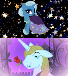 Size: 1280x1428 | Tagged: safe, artist:creativa-artly01, edit, edited screencap, screencap, prince blueblood, trixie, g4, the best night ever, clothes, dress, female, male, ship:bluetrix, shipping, shipping domino, straight