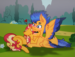 Size: 653x495 | Tagged: safe, artist:itsnatcherx, flash sentry, sunset shimmer, pegasus, pony, unicorn, g4, blushing, cute, duo, female, male, mare, ship:flashimmer, shipping, stallion, straight, two toned wings, wings