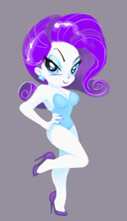 Size: 462x800 | Tagged: safe, artist:kabukihomewood, rarity, human, equestria girls, g4, beautiful, beautiful eyes, beautiful hair, blue eyes, blue eyeshadow, breasts, busty rarity, cleavage, clothes, cute, ear piercing, earring, eyeshadow, female, gray background, hand on hip, high heels, jewelry, legs, leotard, lidded eyes, lipstick, looking at you, makeup, piercing, pinup, pony coloring, purple hair, purple lipstick, raribetes, shiny hair, shoes, simple background, smiling, smirk, solo, stiletto heels, woman