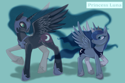 Size: 1500x1000 | Tagged: safe, artist:bunina, nightmare moon, princess luna, alicorn, pony, g4, blue background, crown, duality, female, jewelry, looking at each other, mare, regalia, self ponidox, simple background, spread wings, wings