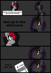 Size: 719x1020 | Tagged: safe, artist:lazerblues, oc, oc only, oc:deep rest, oc:miss eri, earth pony, pony, bags under eyes, bill, black and red mane, clothes, comic, dialogue, doctor, gloves, two toned mane