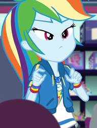 Size: 826x1080 | Tagged: safe, screencap, rainbow dash, dashing through the mall, equestria girls, equestria girls specials, g4, my little pony equestria girls: better together, my little pony equestria girls: holidays unwrapped, canterlot mall, clothes, cloud, cropped, female, geode of super speed, jacket, jewelry, lidded eyes, magical geodes, necklace, plushie, rainbow, shirt, short sleeves, store, t-shirt, thunderbolt, unamused, wristband