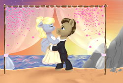 Size: 3000x2028 | Tagged: safe, artist:smelon, derpy hooves, doctor whooves, time turner, earth pony, pegasus, pony, g4, alternate hairstyle, beach, clothes, commission, cute, derpabetes, dress, eyes closed, eyeshadow, female, gloves, high res, hug, lifting, makeup, male, mare, marriage, pants, rock, sand, ship:doctorderpy, shipping, shirt, stallion, straight, suit, sun, sunset, tuxedo, water, wedding, wedding dress, ych result