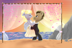 Size: 3000x2028 | Tagged: safe, alternate version, artist:smelon, derpy hooves, doctor whooves, time turner, earth pony, pegasus, pony, g4, alternate hairstyle, beach, clothes, commission, cute, derpabetes, dress, eyes closed, eyeshadow, female, gloves, high res, hug, lifting, makeup, male, mare, marriage, pants, rock, sand, ship:doctorderpy, shipping, shirt, stallion, straight, suit, sun, sunset, tuxedo, water, wedding, wedding dress, ych result