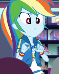 Size: 856x1080 | Tagged: safe, screencap, rainbow dash, dashing through the mall, equestria girls, equestria girls series, g4, holidays unwrapped, spoiler:eqg series (season 2), canterlot mall, clothes, cloud, cropped, cute, dashabetes, female, geode of super speed, jacket, jewelry, looking down, magical geodes, necklace, plushie, pockets, rainbow, shirt, short sleeves, store, t-shirt, thunderbolt, unamused, wristband
