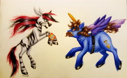 Size: 4740x2943 | Tagged: safe, artist:cahandariella, oc, oc:cahan, earth pony, pony, zebra, fallout equestria, fallout equestria: project horizons, fake alicorn, fake horn, fake wings, fanfic art, parody, physique difference, ponysona, technically alicorn, traditional art