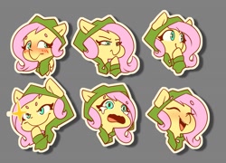 Size: 1691x1217 | Tagged: safe, artist:luxaestas, fluttershy, pony, g4, blushing, bust, clothes, crying, cute, emotes, expressions, eyes closed, female, gray background, hoodie, mare, open mouth, portrait, shyabetes, simple background, smiling, solo