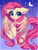 Size: 3000x4000 | Tagged: safe, artist:mite-lime, fluttershy, pegasus, pony, g4, cheek fluff, chest fluff, crescent moon, cute, ear fluff, female, high res, leg fluff, mare, moon, night, shyabetes, sky, smiling, solo, starry night, stars