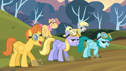 Size: 1920x1080 | Tagged: safe, screencap, cloud kicker, derpy hooves, dizzy twister, orange swirl, spring melody, sprinkle medley, warm front, pegasus, pony, g4, hurricane fluttershy, my little pony: friendship is magic, background pony, female, goggles, male, mare, stallion, stomping