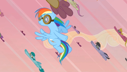 Size: 1920x1080 | Tagged: safe, screencap, bons away, rainbow dash, rainbow swoop, spectrum, spring melody, sprinkle medley, pegasus, pony, g4, hurricane fluttershy, female, flying, male, mare, stallion