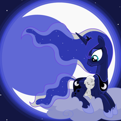 Size: 2228x2216 | Tagged: safe, artist:darkpikachu5, princess luna, oc, g4, cloud, crescent moon, high res, hijo de la luna, maternaluna, moon